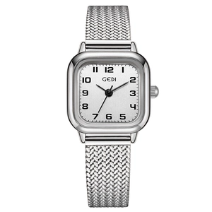 Minimalist square GEDI women's watch with silver mesh band and polished steel case