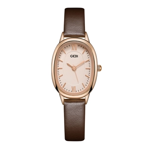 Retro oval quartz watch with rose gold case and brown leather strap for women