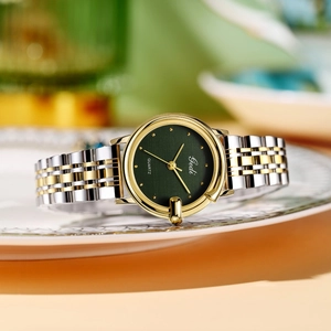 Elegant Gedi quartz watch for women with green sunray dial and two-tone stainless steel strap