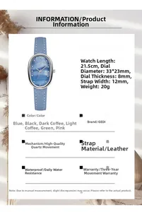 Detailed specs of the oval quartz watch featuring blue mother-of-pearl dial and leather strap
