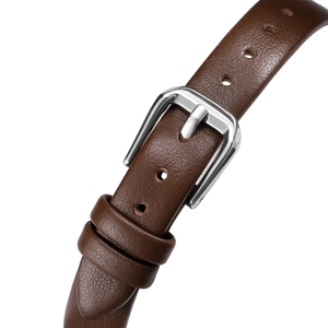 Detailed close-up of dark brown leather watch strap with polished silver stainless steel buckle
