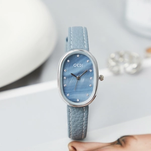 Women Quartz Watch Oval Mother Of Artificial Pearl Dial Leather Strap Waterproof Elegant Fashion Wristwatch Rhinestone Indices