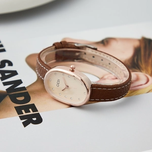 Elegant oval quartz watch with mother-of-pearl dial and brown lychee leather strap
