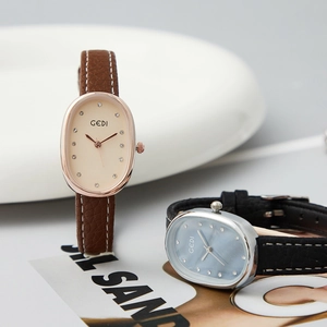 Elegant oval quartz watch with mother-of-pearl dial and leather strap for women