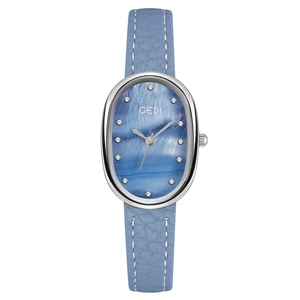 Elegant light blue oval watch with mother-of-pearl dial and leather strap for women