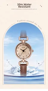 Detail view of GEDI waterproof women's watch with rose gold case and leather strap