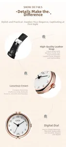 Detailed views of leather strap, rose gold case, and Arabic numeral dial on a women's watch
