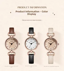 Close-up of three slender leather strap watches with rose gold cases in various colors
