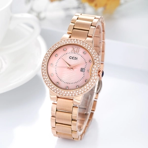 Women's rose gold steel quartz watch with crystal bezel and pink mother of pearl dial