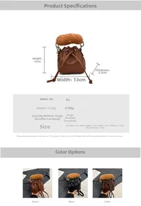 Detailed size specifications and color options for the mini plush handle bucket bag