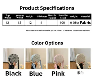 Detailed size chart and dimensions for the mini round tweed crossbody bag in four colors