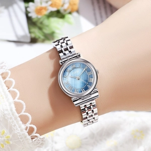 Detailed shot of a silver steel watch with light blue mother of pearl roman dial