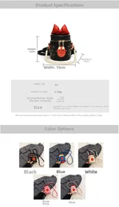 Detailed view of mini bucket bag showing pearl chain, red bow, and size dimensions