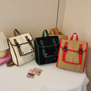 Kids Canvas Backpack Retro Color Block Toddler School Bag Kindergarten Korean Style Animal Print Flap Double Buckles