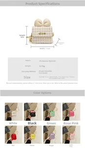 Detailed size specifications and 8 color options for girls' tweed crossbody bag