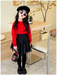 Close-up of red knit cardigan and black sequin tulle skirt with pearl handle bag
