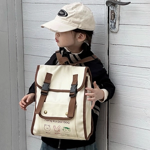 Retro canvas kids backpack with cartoon animal prints and contrast brown straps