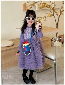 Close-up of girl's purple tiered mesh dress featuring plush bodice and blue bow purse detail