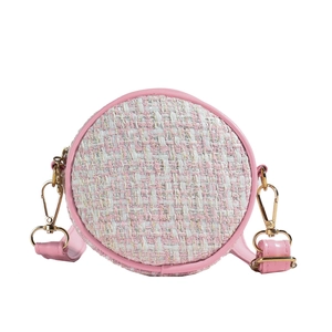Pink round tweed crossbody bag for girls with gold hardware and leather strap detail