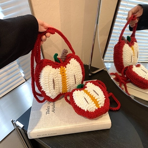 Kids Mini Shoulder Bag Apple Shaped Crochet Handmade Knitted Fruit Crossbody Purse For Toddler Baby Boys Girls Cute Novelty