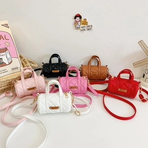 Mini Zylinder Umhängetasche Kinder Gesteppt Pu Leder Handtasche Griffe Verstellbarer Riemen Mode Mädchen Accessoires
