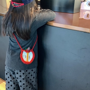 Cute handmade crochet red apple crossbody bag for toddlers with green leaf and red strap