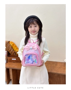 Detailed view of pink toddler backpack featuring sequin bow and Little Mermaid print