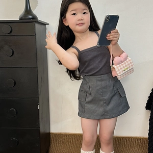 Girls grey cargo style summer outfit with tank top, mini skirt and pink plaid handbag