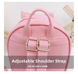 Detail of adjustable shoulder straps on pink toddler backpack with silver metal buckles