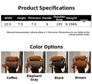 Size chart for mini plush cylinder handbag with measurements and color options