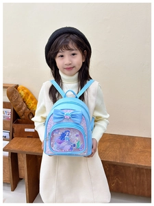 Detail of blue sequin kids backpack with mermaid illustration and liquid glitter window