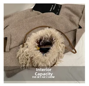 Top view showing the spacious interior of the beige plush bucket bag with daily cosmetics