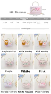 Detailed dimension guide and size chart for girl's cute monkey shoulder bag with pearl handle