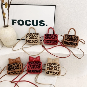 Kids Leopard Print Shoulder Bag Mini Crossbody Handbag PU Leather Faux Fur Bow Decor Trendy Fashion Accessories Girls