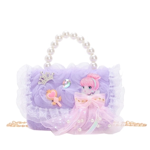 Lila Mädchen-Handtasche mit Perlengriff, Spitze, Netz und Cartoon-Design mit Kette