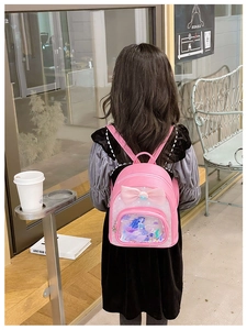 Detail view of pink sequins backpack for girls with 3D bow and mermaid glitter pocket