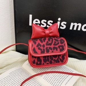 Fashionable girls' red leopard mini handbag with a large bow and shoulder strap