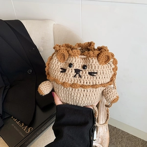 Kids Knitted Lion Shoulder Bag Handmade Crochet Animal Bucket Purse Drawstring Crossbody Cute Toddlers Accessories Khaki