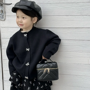 Girls black knit cardigan and quilted crossbody bag set in stylish Korean style