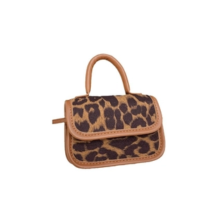 Girls leopard print mini handbag with brown leather trim and stylish animal pattern