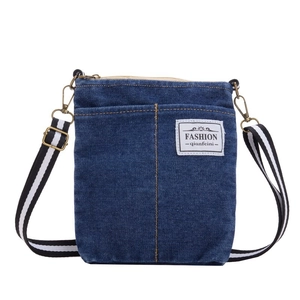 Fashionable denim crossbody bag for kids with yellow stitching and striped shoulder strap