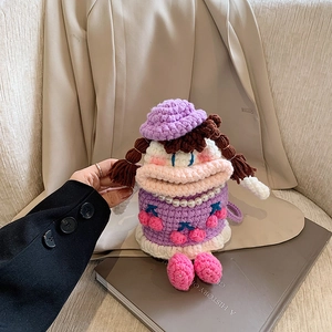 Sac À Bandoulière En Tricot Crocheté Main Poupée Dessin Animé Violet Cerise Künstliche Perle Décor Enfants Filles Drôle Mignon Sacoche