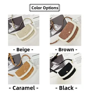 Detail view of mini crossbody bags with faux fur trim in beige, brown, and black