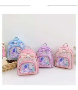 Detail of girls' sequin backpack featuring mermaid print and large decorative bow