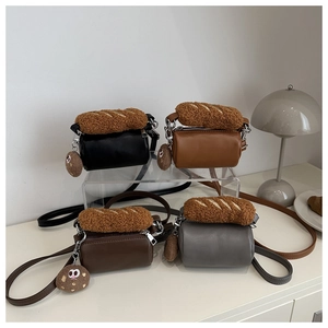 Collection of four mini plush crossbody barrel bags in black brown coffee and grey colors