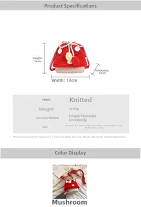 Detail view of red crochet mushroom bucket bag with pom-pom drawstrings and dimensions