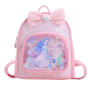 Pink sequin backpack for girls with mermaid design and liquid sand window