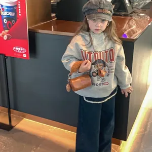 Kids grey letter hoodie set with a cute plush brown cylinder crossbody bag for girls