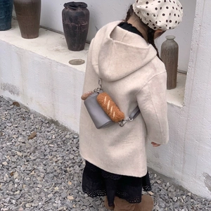 Kids grey cylindrical crossbody bag with cute baguette plush charm for girls