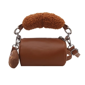 Brown faux leather cylinder handbag for girls with plush lamb wool handle and cookie charm